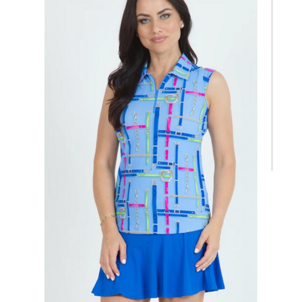 IBKUL Women's Sleeveless Zip Polo Shirt Nancy Print‎ UPF 50+ Golf Activewear Nee